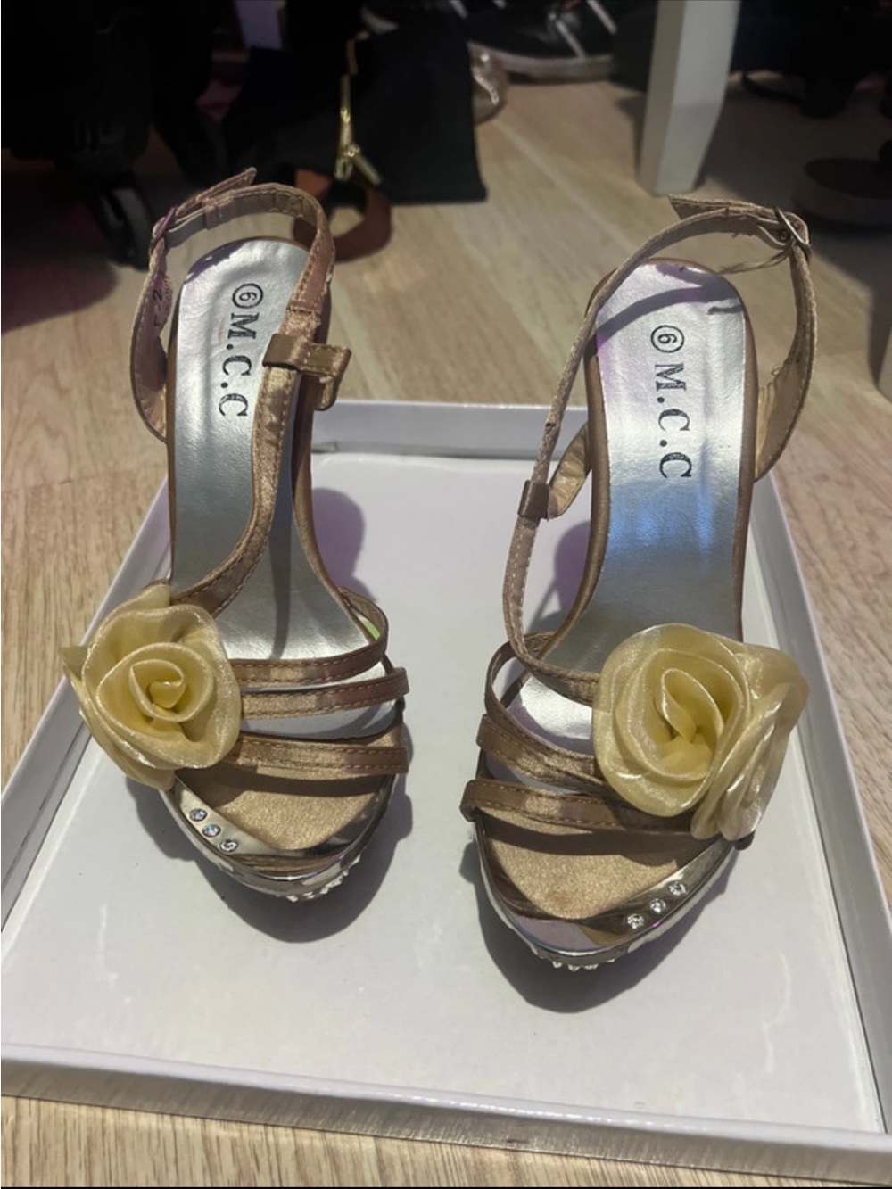 C.C Women's Gold Rose Embellished Strappy Heels